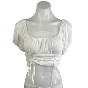 Princess Polly White Mesh Puff Sleeve Square Neck Cinched Tie Crop Blouse Top 8